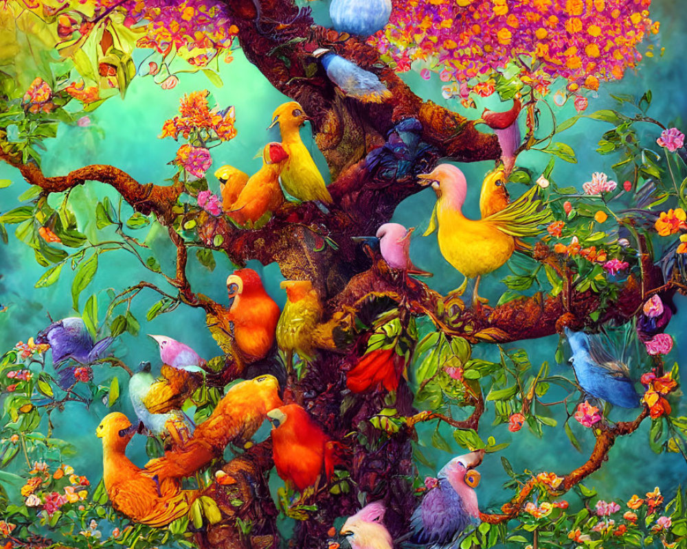 Colorful digital artwork: Fantastical birds on blooming tree