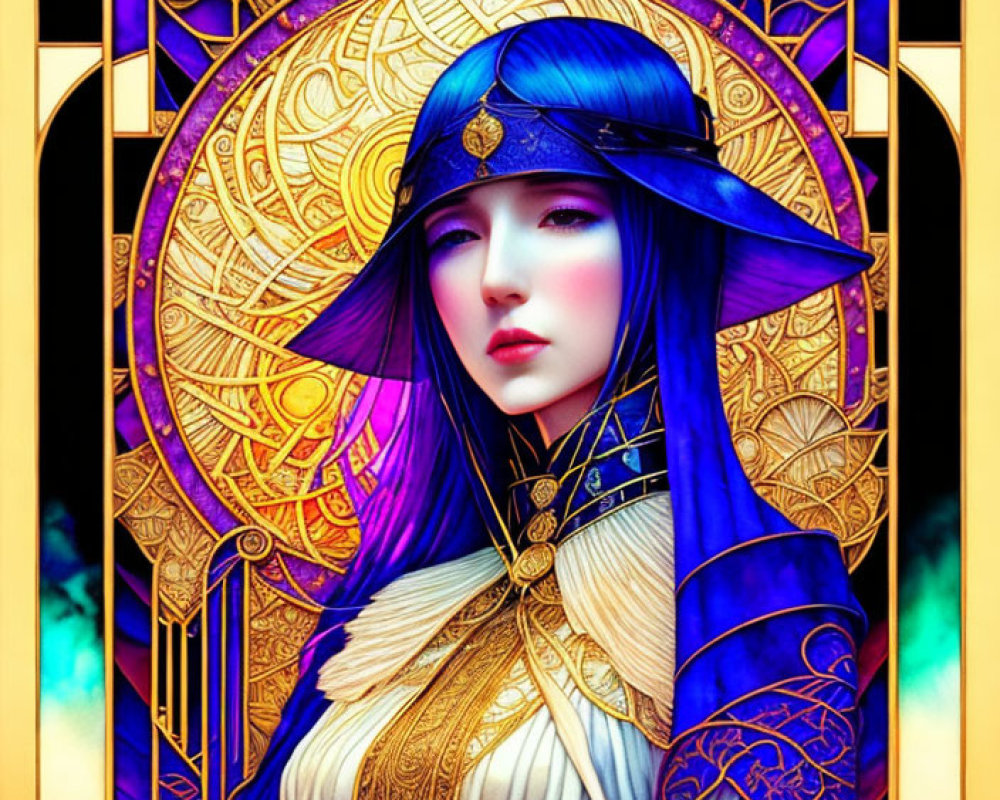 Purple-haired woman in blue and gold attire on stained-glass background