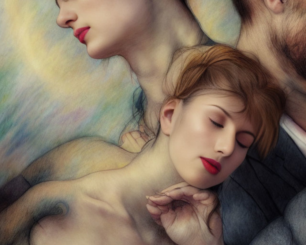 Dreamlike Painting of Man and Two Women Embracing in Soft, Swirling Colors