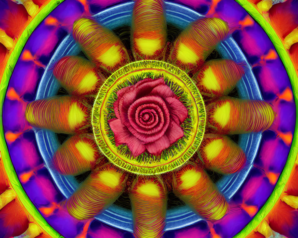 Symmetrical kaleidoscopic image with pink floral center surrounded by multicolored layers