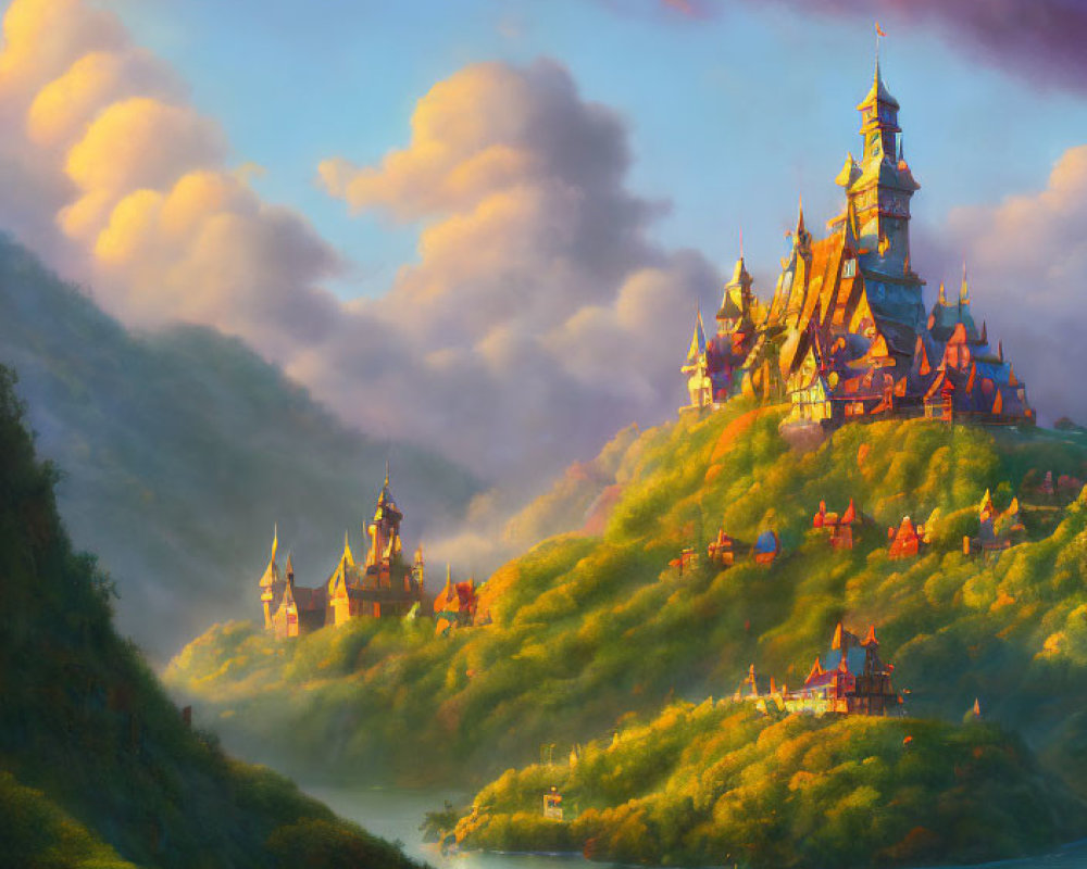 Majestic fairytale castle on lush hill at sunset with serene river.