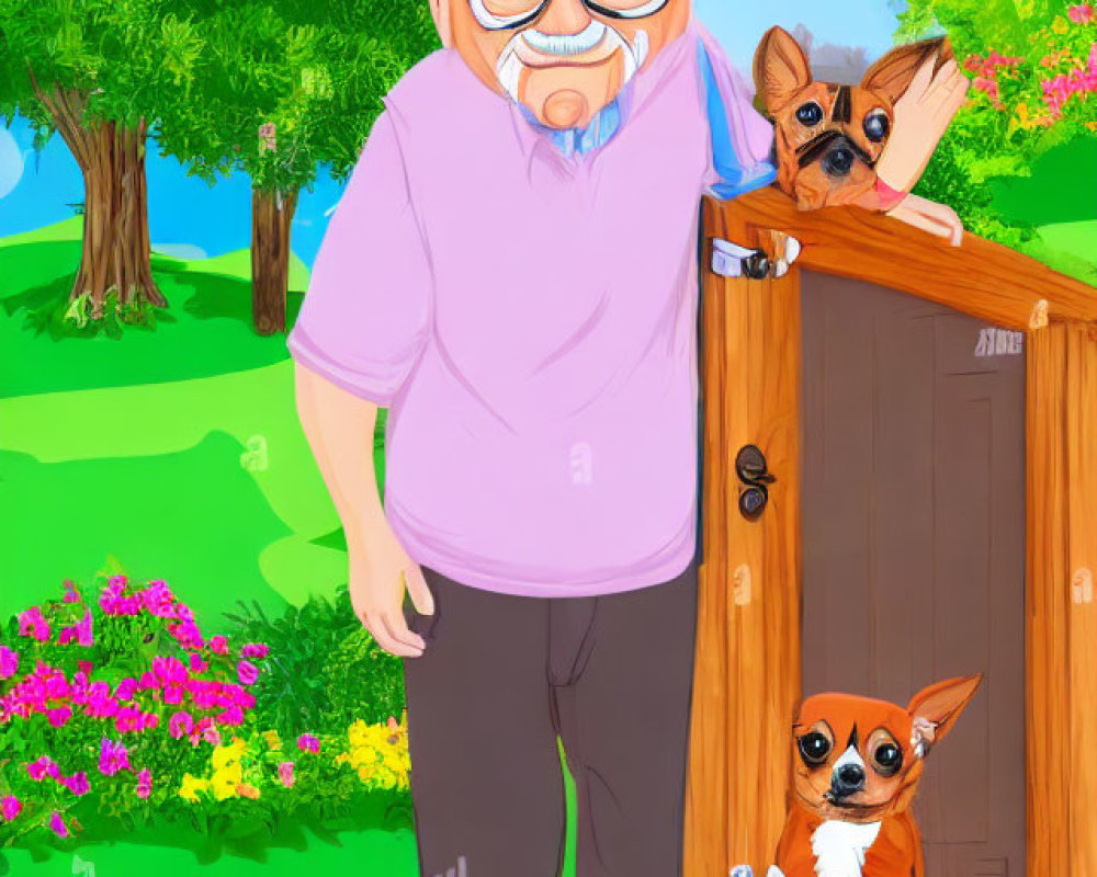 Elderly man with glasses and beard by wooden gate with two small dogs in sunny park