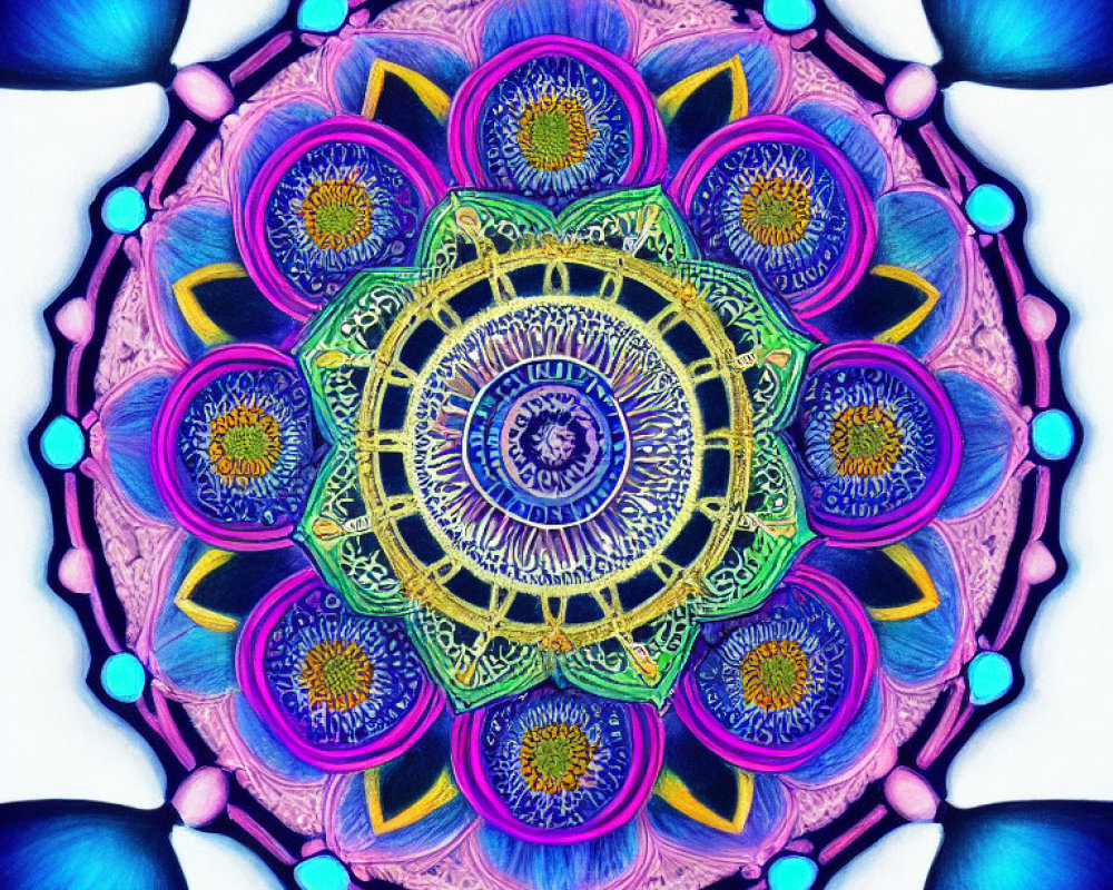 Colorful Symmetrical Mandala with Intricate Pattern in Blue, Purple, and Gold