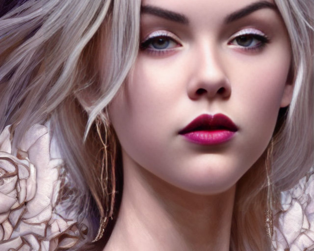 Portrait of woman with purple lipstick, platinum blonde hair, and crown.