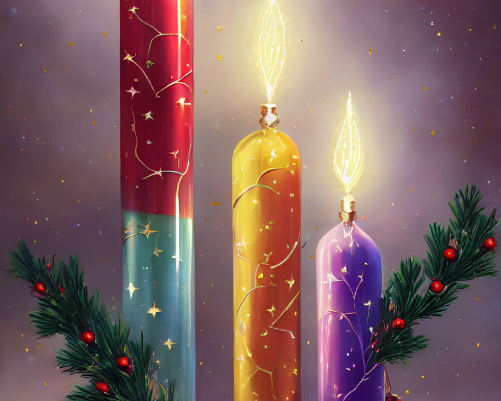 Colorful lit candles with pine branches and berries on starry background