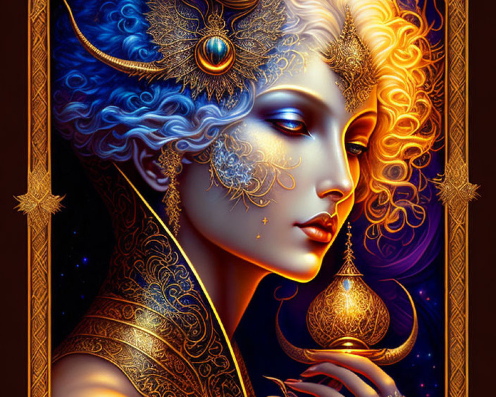 Detailed mystical woman with blue skin, horned headdress, and golden adornments