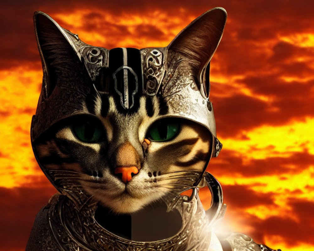 Green-eyed cat in medieval armor against fiery sky.