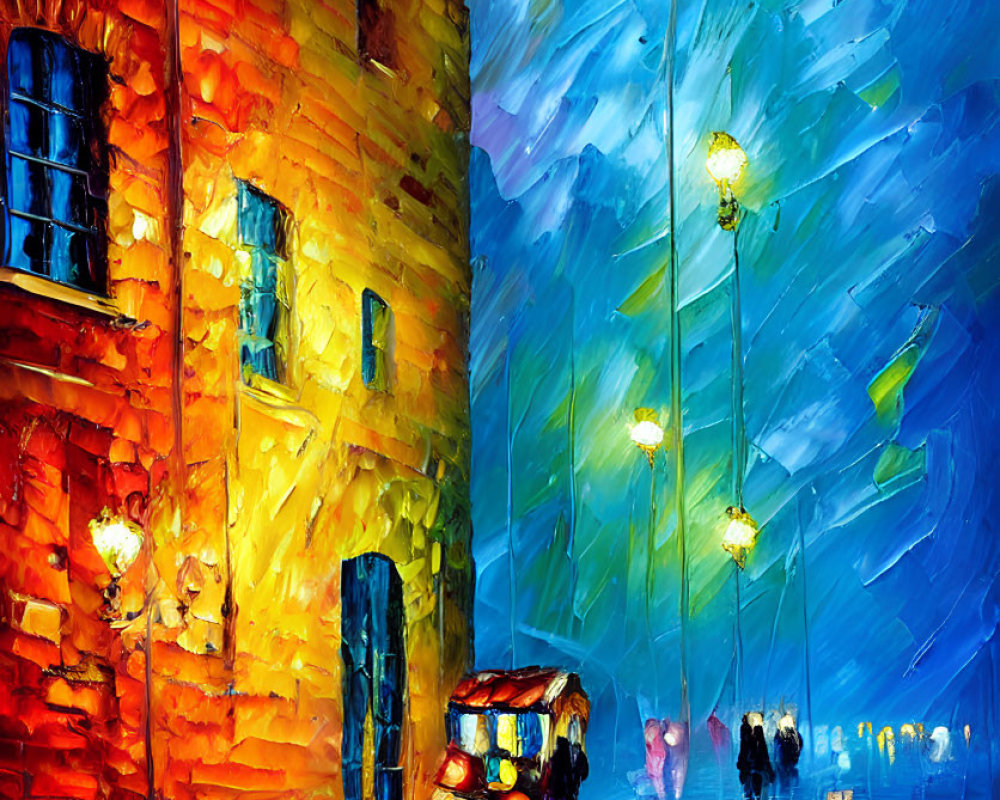 Vibrant cityscape painting: rainy evening scene with illuminated buildings, street lamps, reflections, and