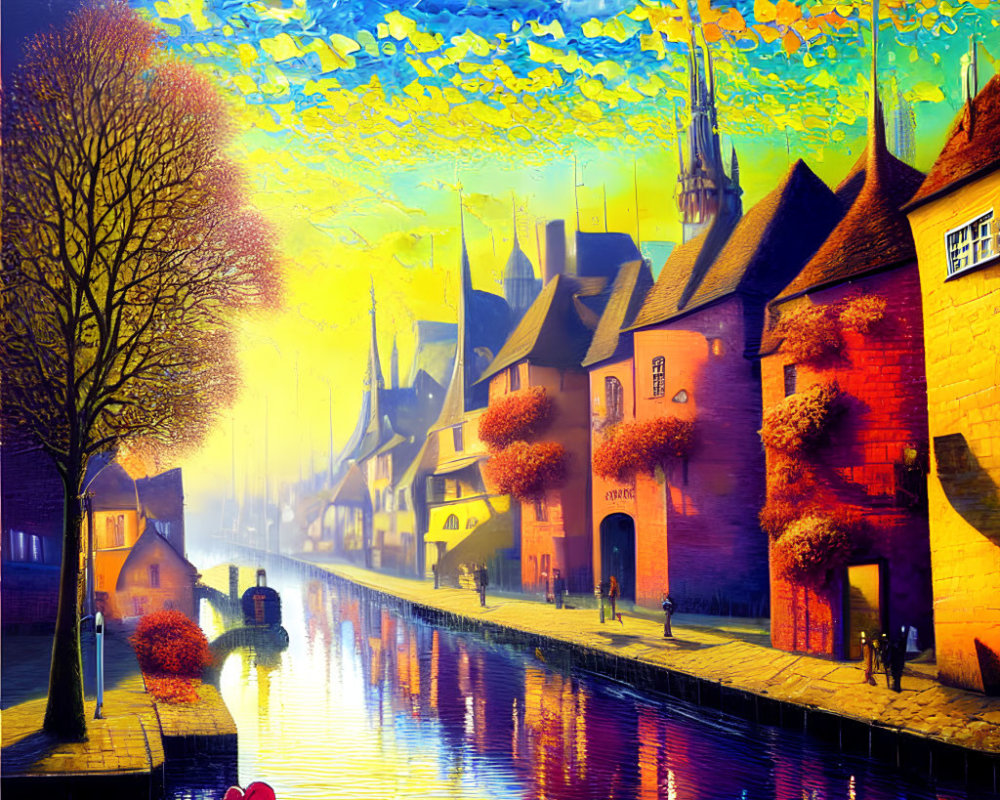 Colorful European Town Painting: Canal, Heart Balloon, Autumn Trees