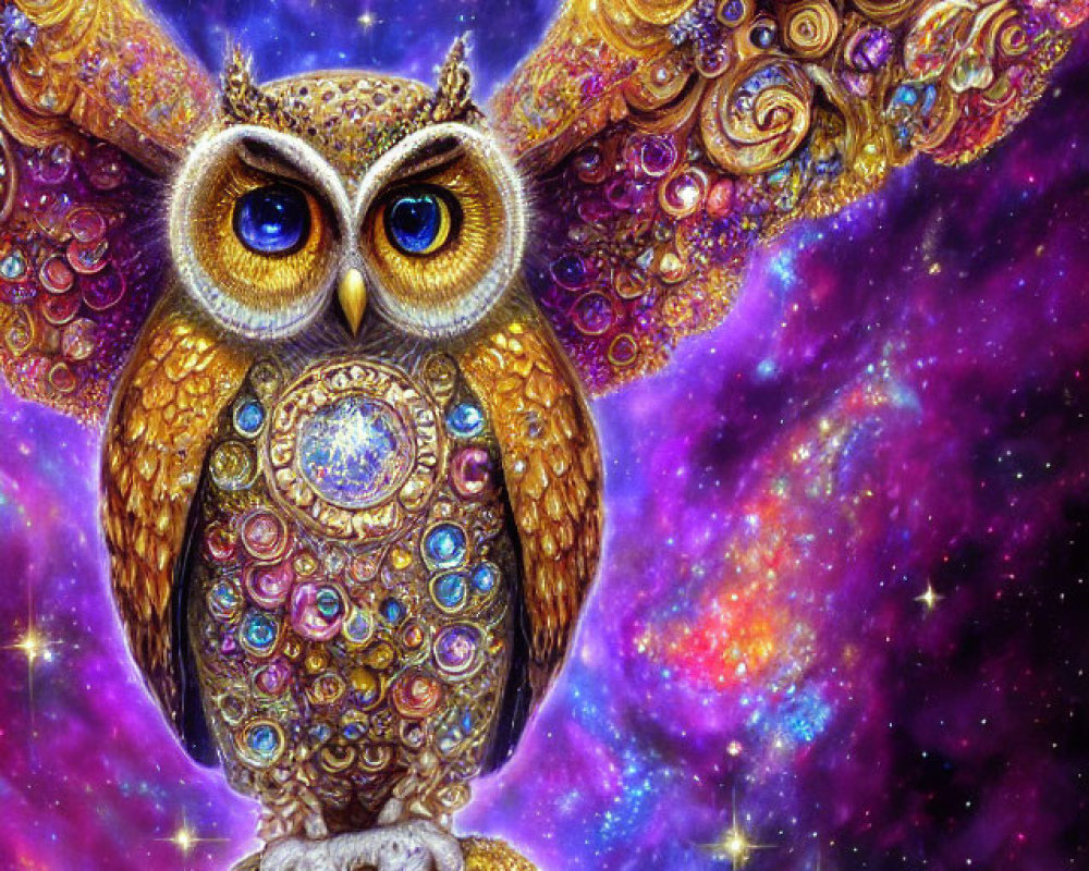 Colorful Stylized Owl with Golden and Gemstone Details on Cosmic Background