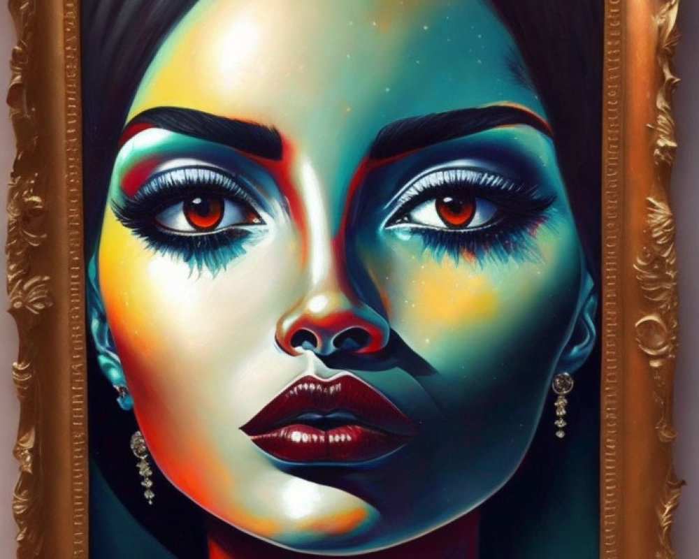 Vibrant portrait of woman with cosmic skin in golden frame