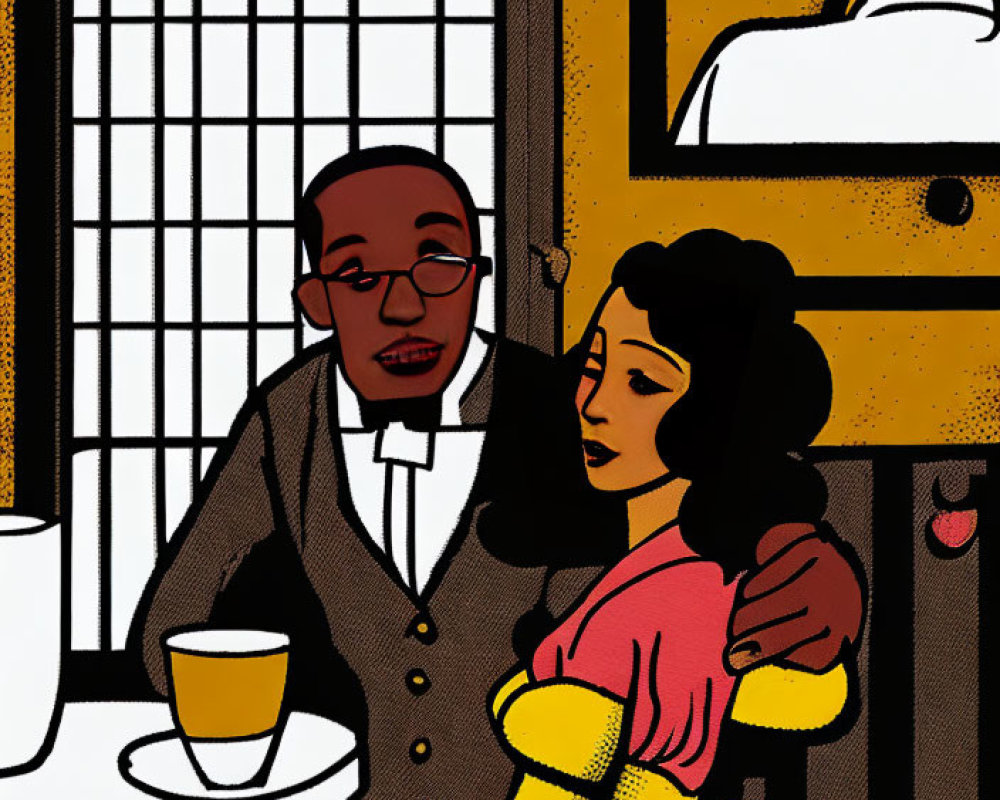 Illustration of man and woman at table with retro comic book style