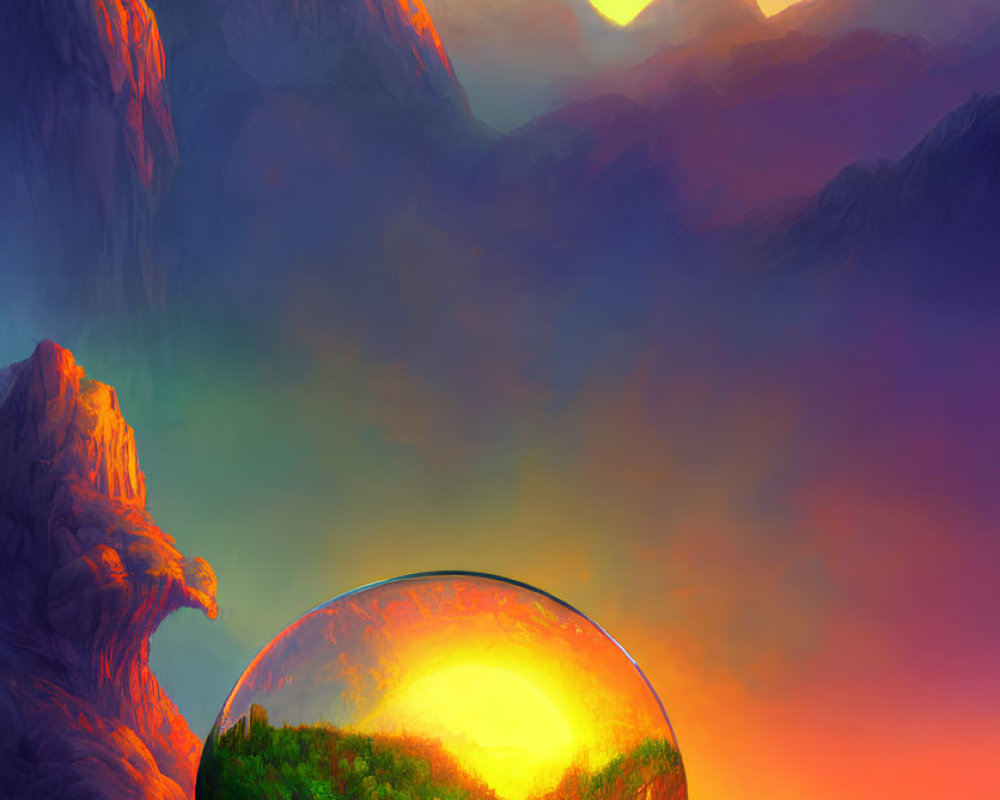 Digital artwork: Mountain landscape at sunset with floating reflective bubble.