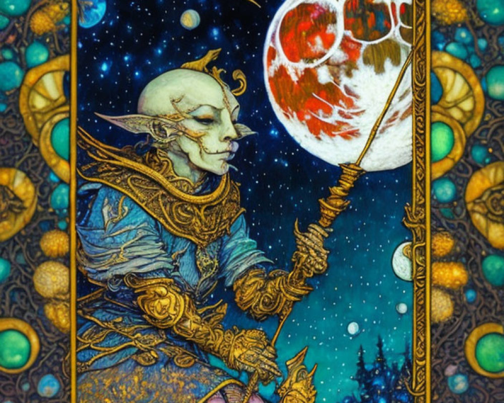 Fantasy elf creature with staff in moonlit scene