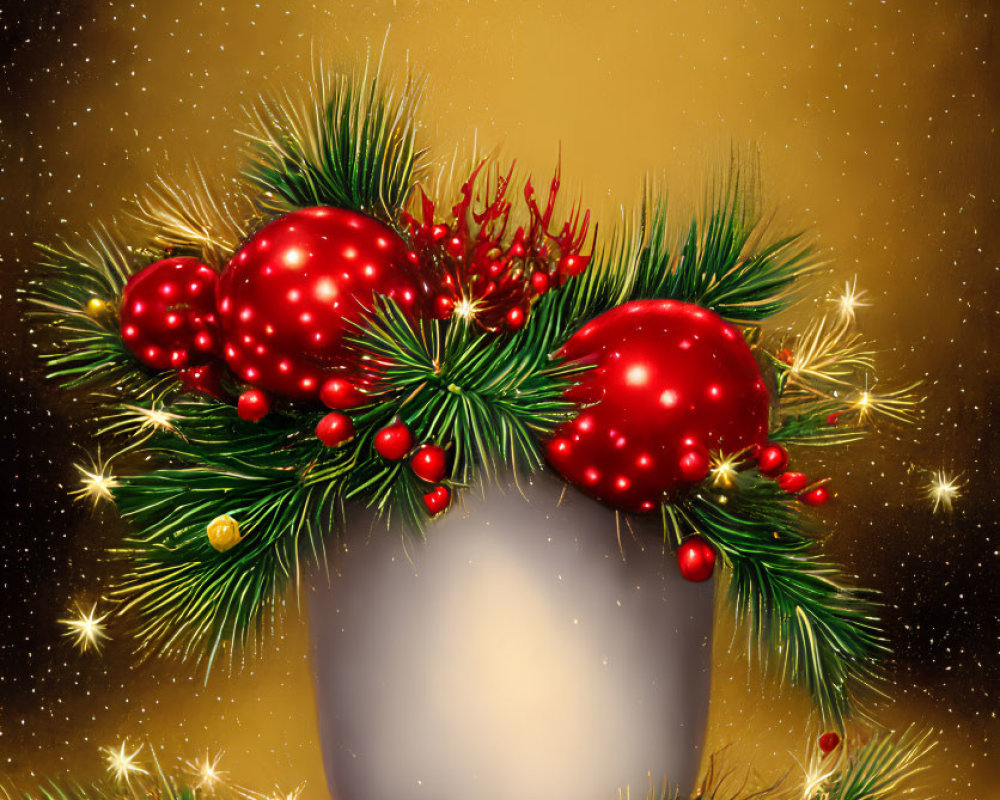 Festive candle in pine wreath with red berries and baubles