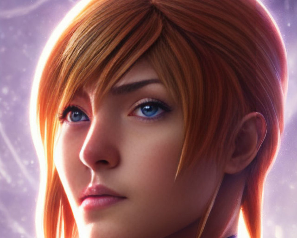 Digital art portrait: Female character with orange hair, blue eyes, cosmic background