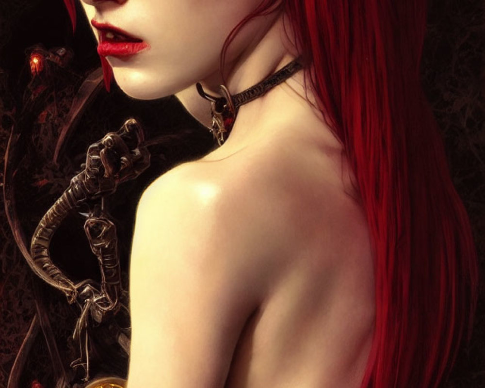 Digital artwork: Woman with red hair, pale skin, and vampiric features in choker,