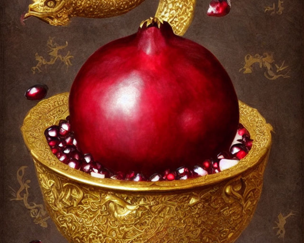 Ripe pomegranate in gold bowl with dragon motif and coins