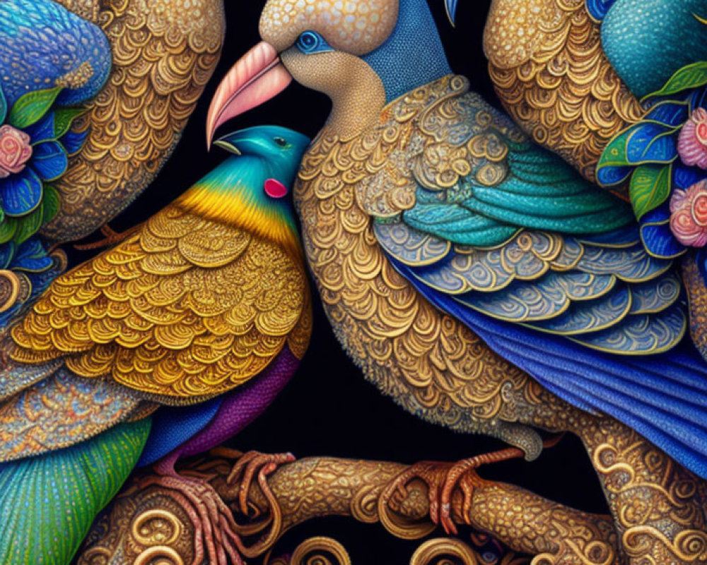 Intricately patterned colorful birds on vibrant black background