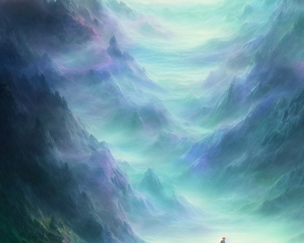 Solitary Figure in Surreal Landscape with Misty Mountains and Ethereal Colors