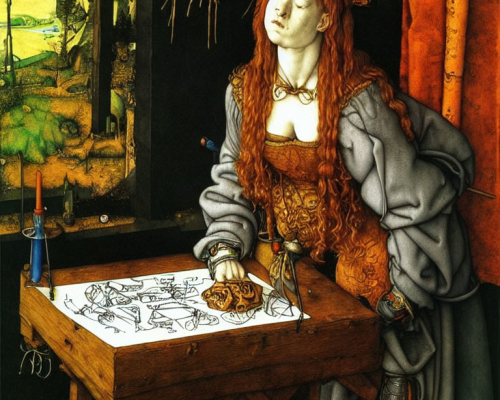 Red-haired woman drawing at wooden desk with landscape painting in background