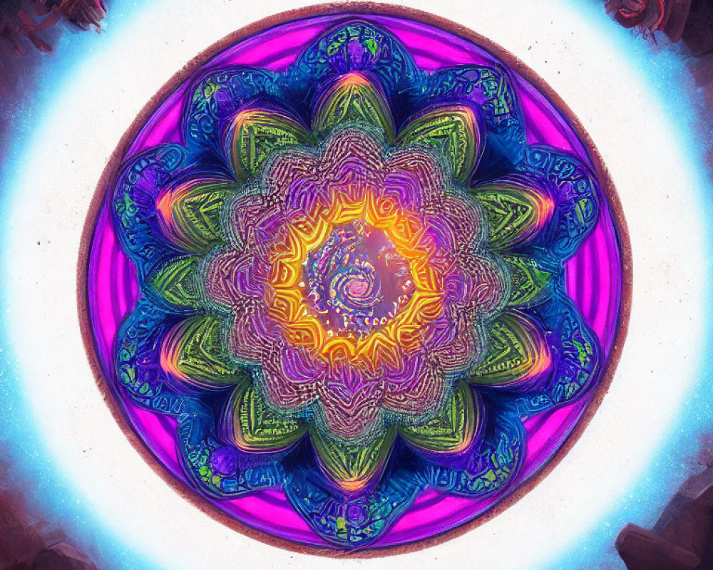 Colorful Purple, Blue, and Gold Mandala on Stone-Like Background