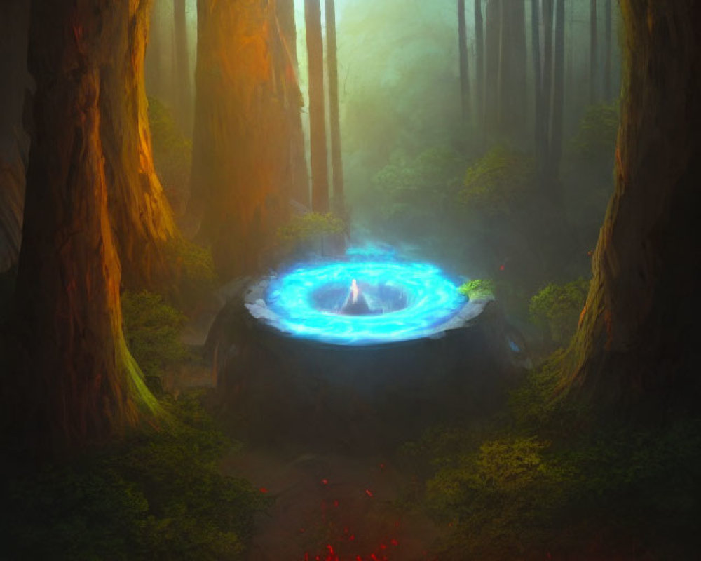 Mystical forest scene with glowing blue portal and towering trees