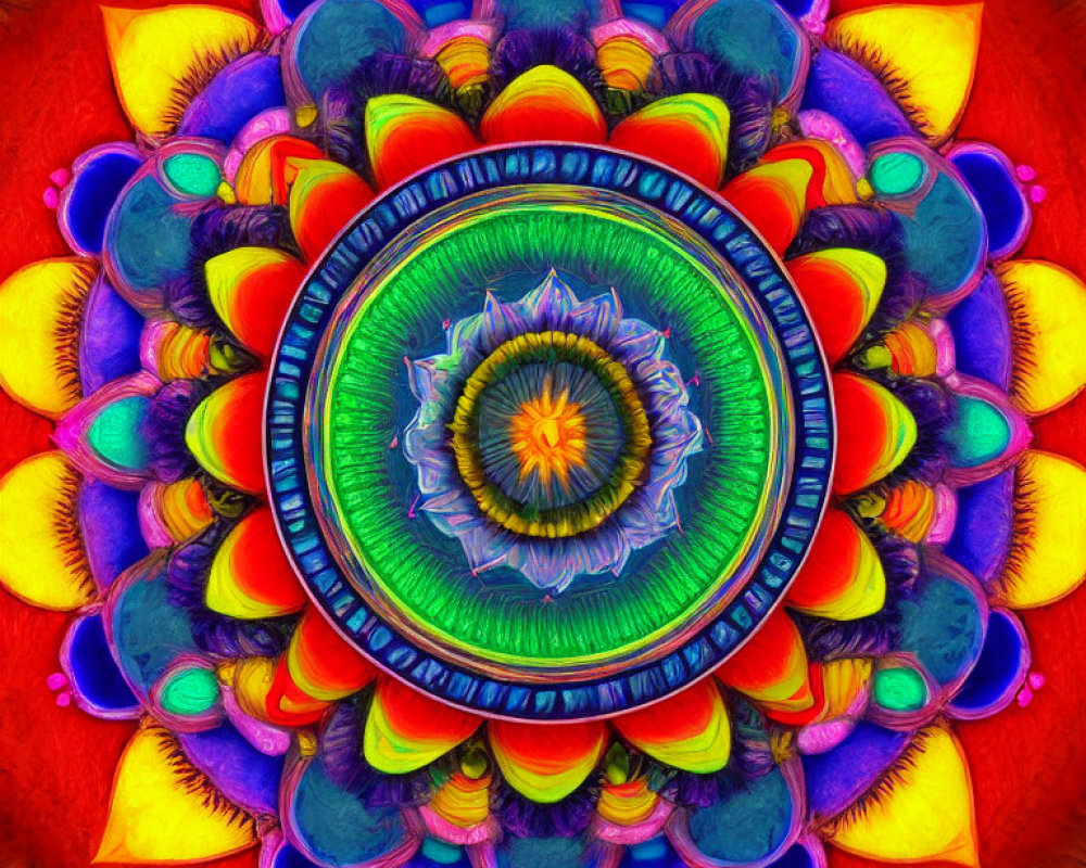 Colorful Symmetrical Digital Mandala in Blue, Yellow, and Red