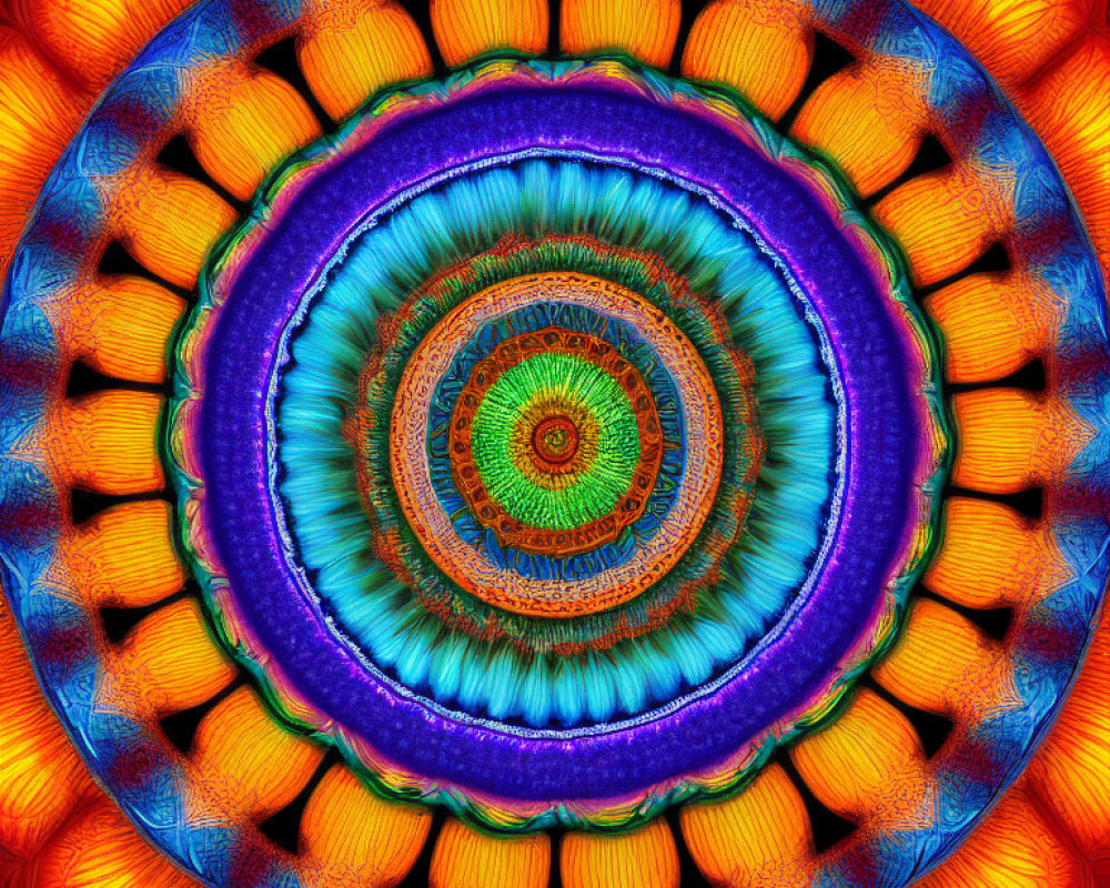 Circular turquoise and orange fractal pattern with intricate kaleidoscopic design