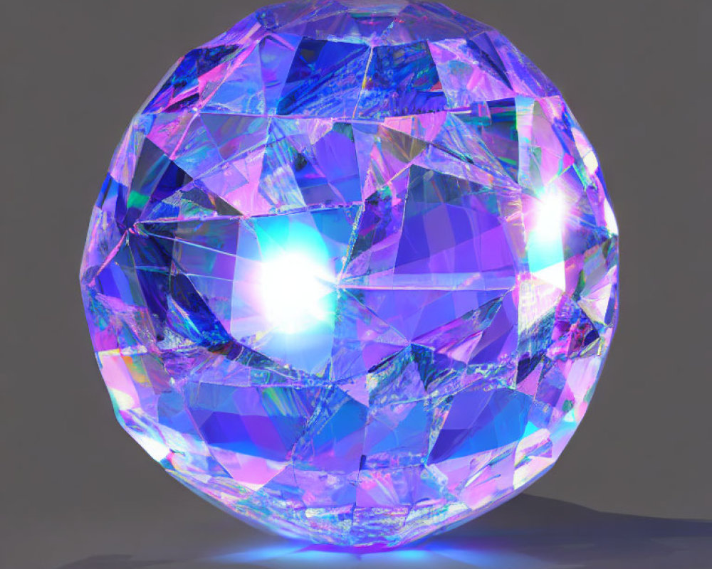 Multifaceted Gemstone with Blue and Purple Hues on Grey Background