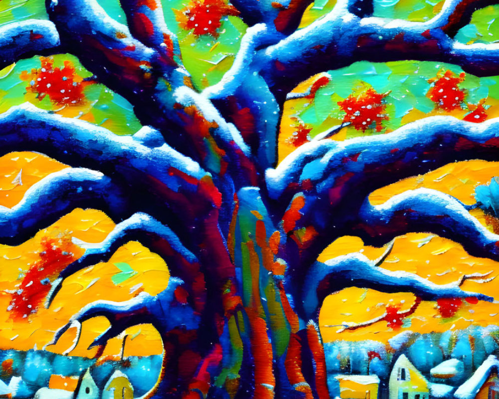 Colorful painting of tree with blue and orange branches in snowy landscape