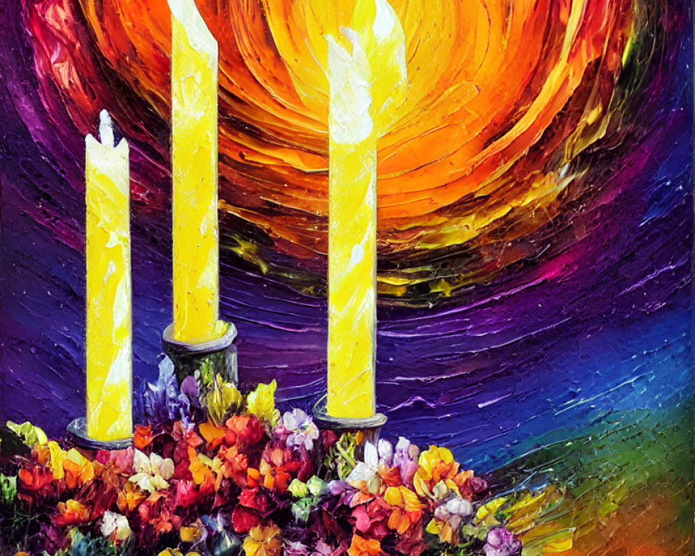 Vibrant flowers and candles against colorful backdrop