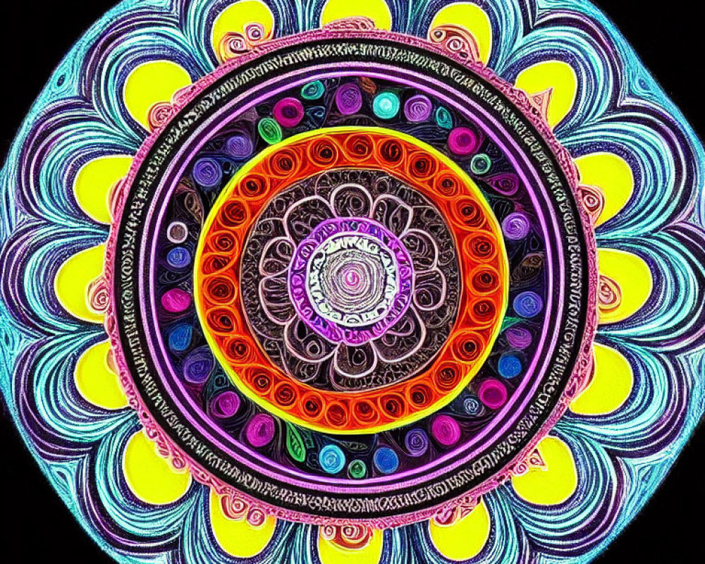 Colorful Neon Mandala Design on Black Background