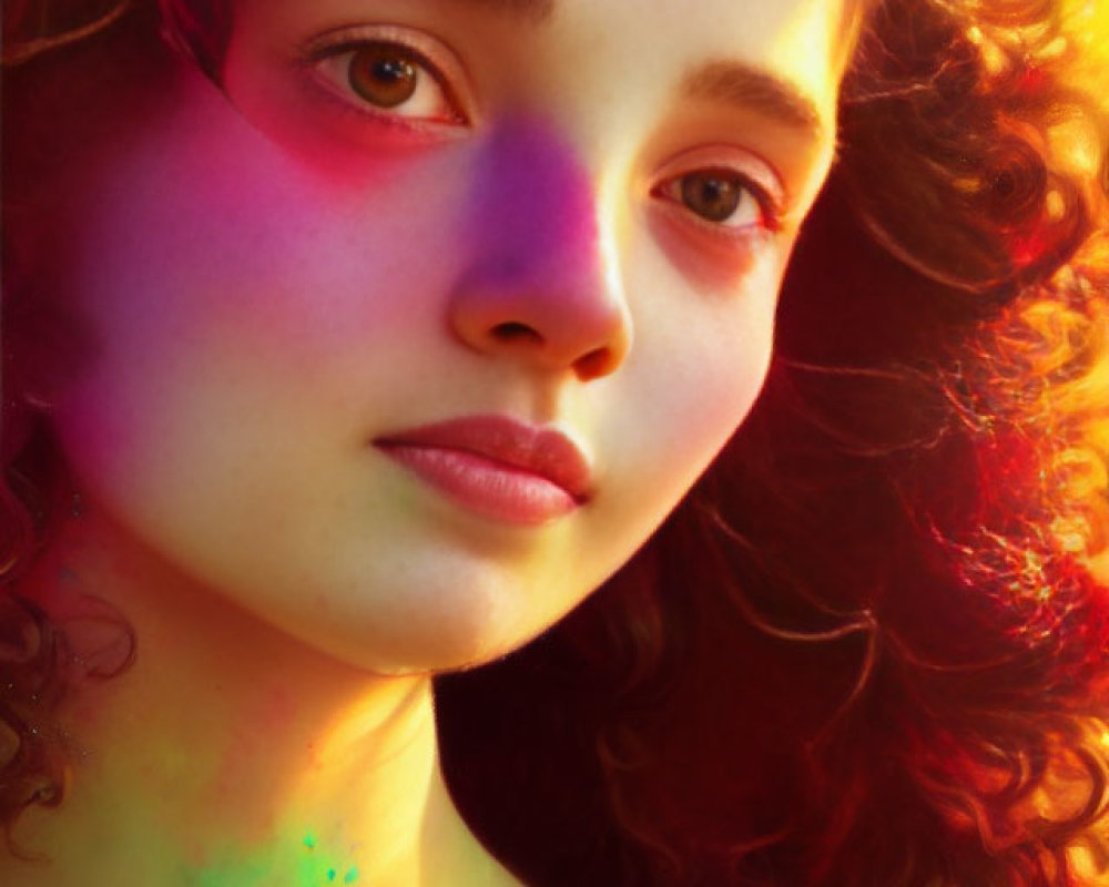 Curly-haired young woman with decorative headpiece under colorful lighting