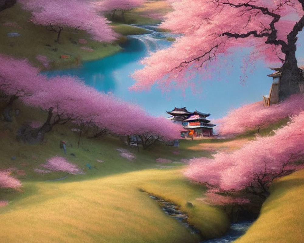 Cherry Blossoms Over Stream and Pagoda in Grassy Hills