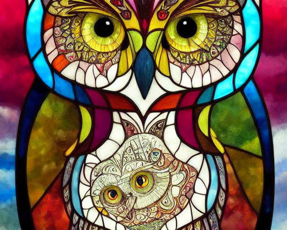 Vivid Owl Illustration in Stained Glass Style