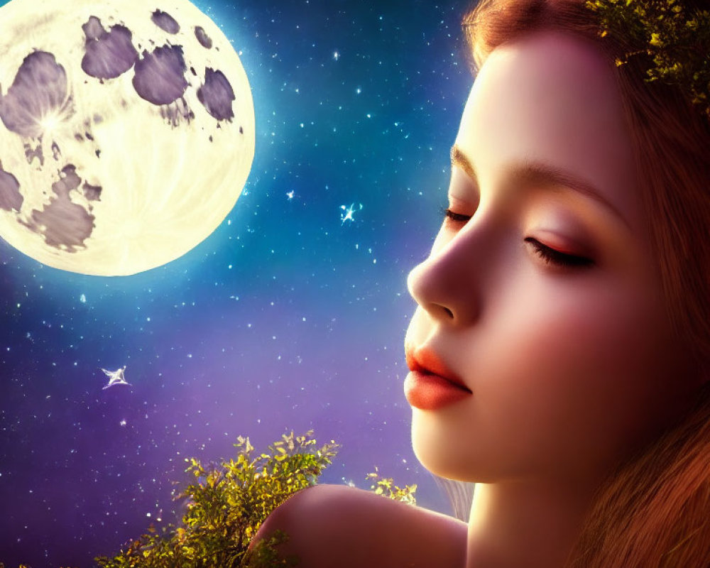 Digital artwork: Woman with closed eyes, leaf crown, night sky, full moon, stars.