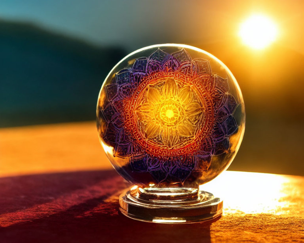 Intricate Mandala Design Crystal Ball Backlit by Warm Sunset Glow