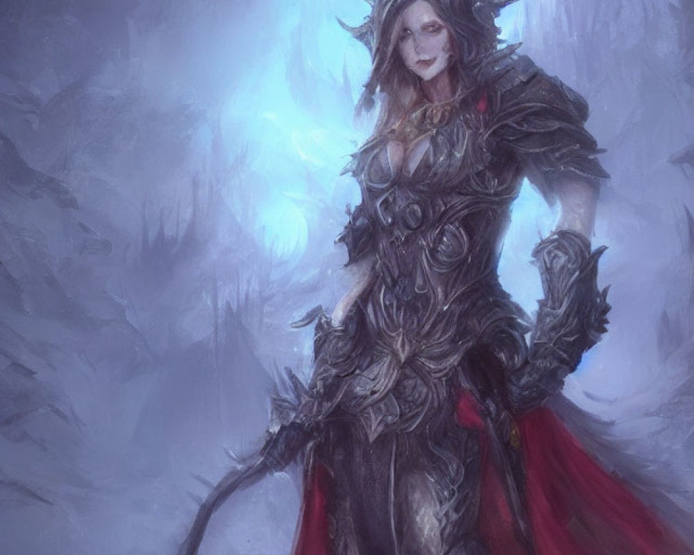 Female warrior in dark armor with red cape and staff in mystical setting