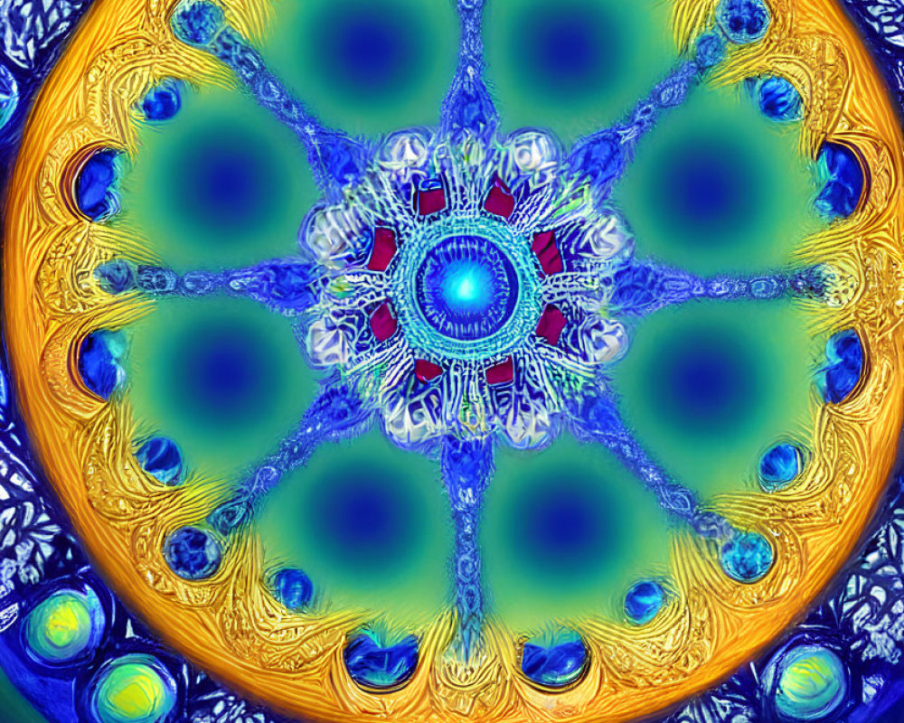 Colorful Digital Artwork: Luminescent Mandala in Blue, Red, and Gold