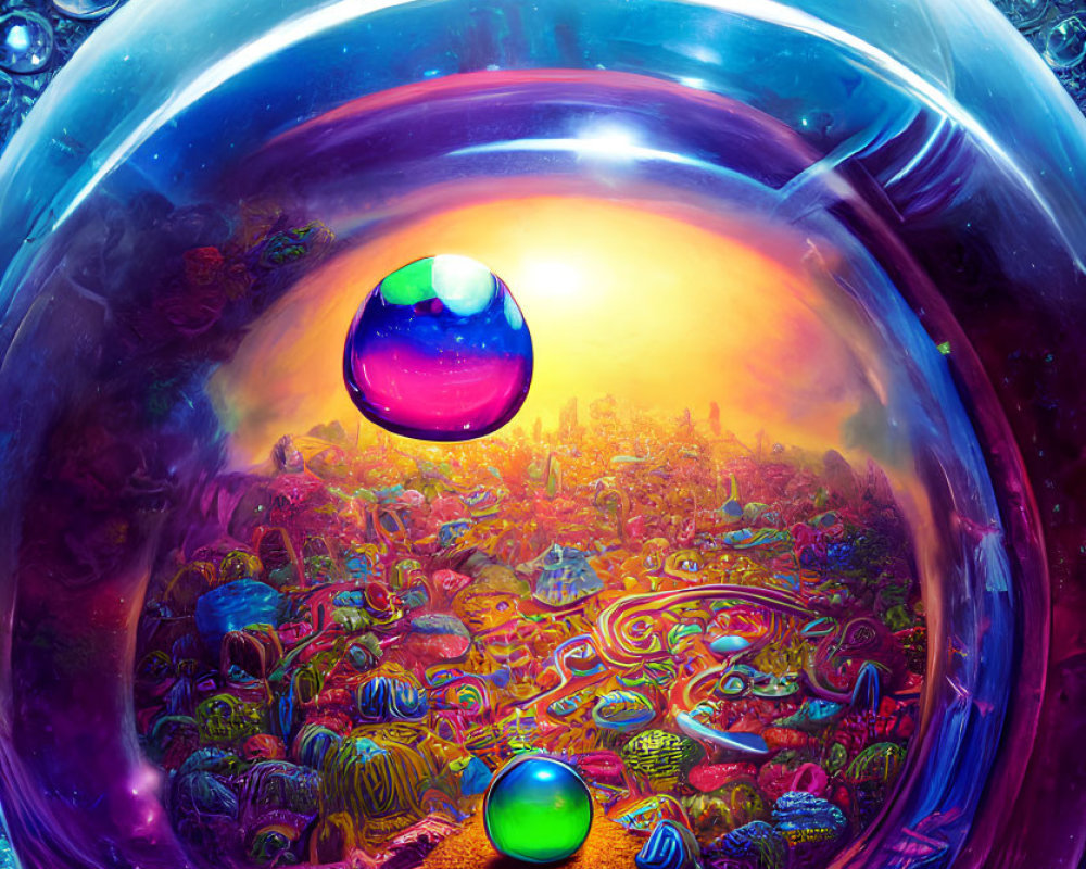 Colorful surreal digital artwork of futuristic landscape in reflective bubbles