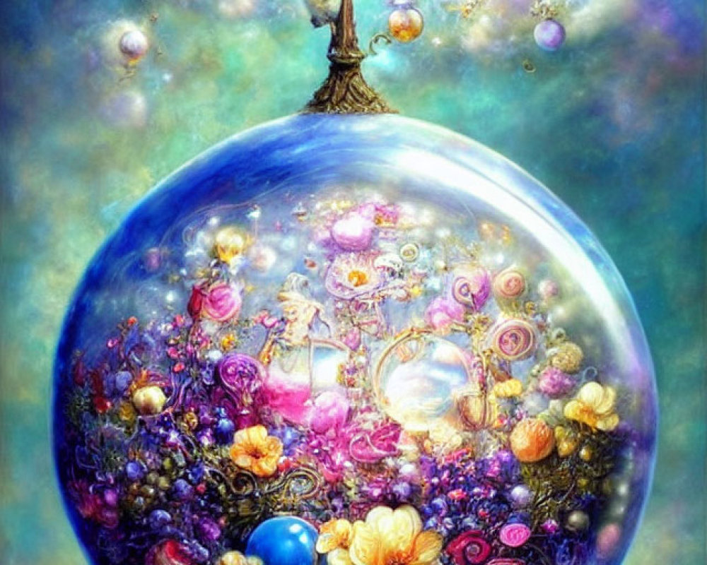 Colorful Chandelier Painting with Fantasy Globe and Glowing Elements