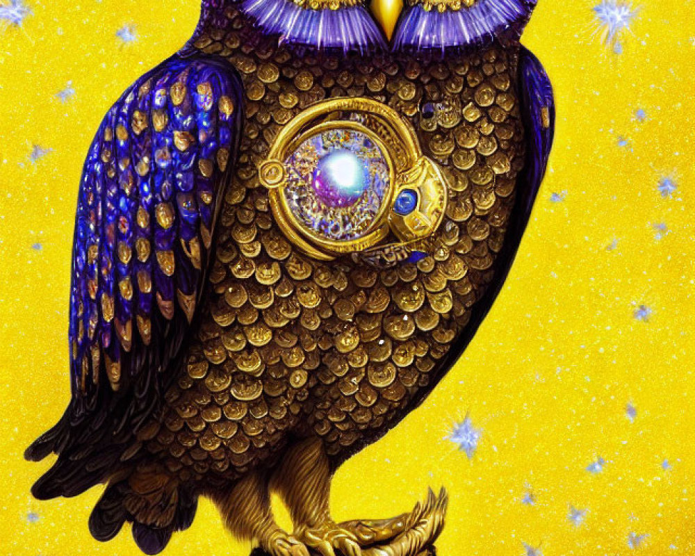 Colorful digital artwork featuring two stylized owls with intricate patterns and gemstone embellishments on a