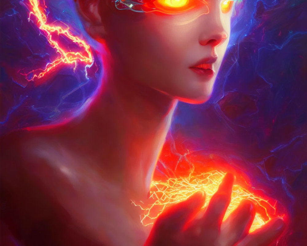 Surreal portrait of person with glowing red eyes and electric energy