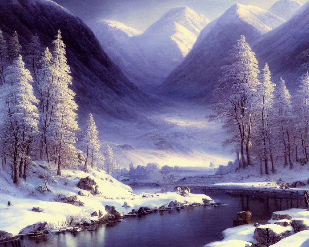 Snow-covered forest beside still river in serene winter landscape