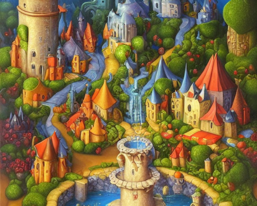 Colorful Fairytale Village Illustration with Castles, Tower, Fountain, and Waterfalls