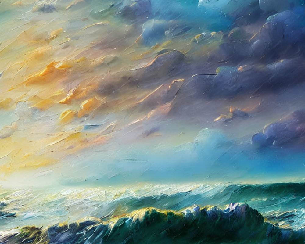 Dramatic Stormy Sea Painting with Dynamic Waves and Colorful Sky