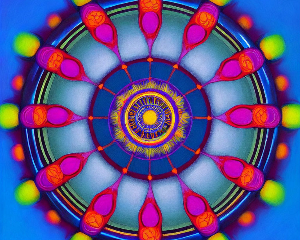 Colorful Psychedelic Mandala on Blue Background with Symmetrical Patterns