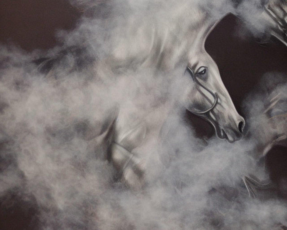 Two white horses emerging from smoke or mist with detailed faces and manes on dark background