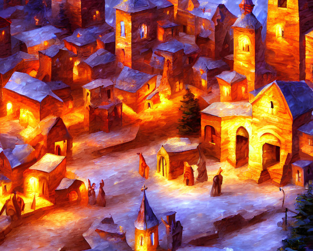 Snowy Village Night Painting with Glowing Windows and Starry Sky